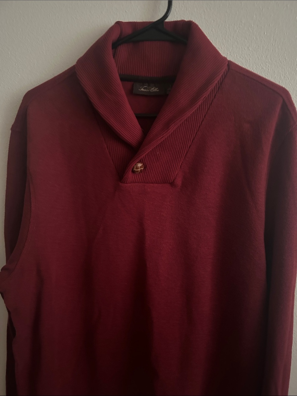 Tasso Elba Men L Shawl Collar Button Cotton Burgundy Rib Collar Hem Sweater